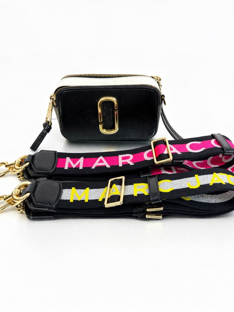 Marc Jacobs Black & White Snapshot Camera Bag With Pink And Yellow Logo Straps
